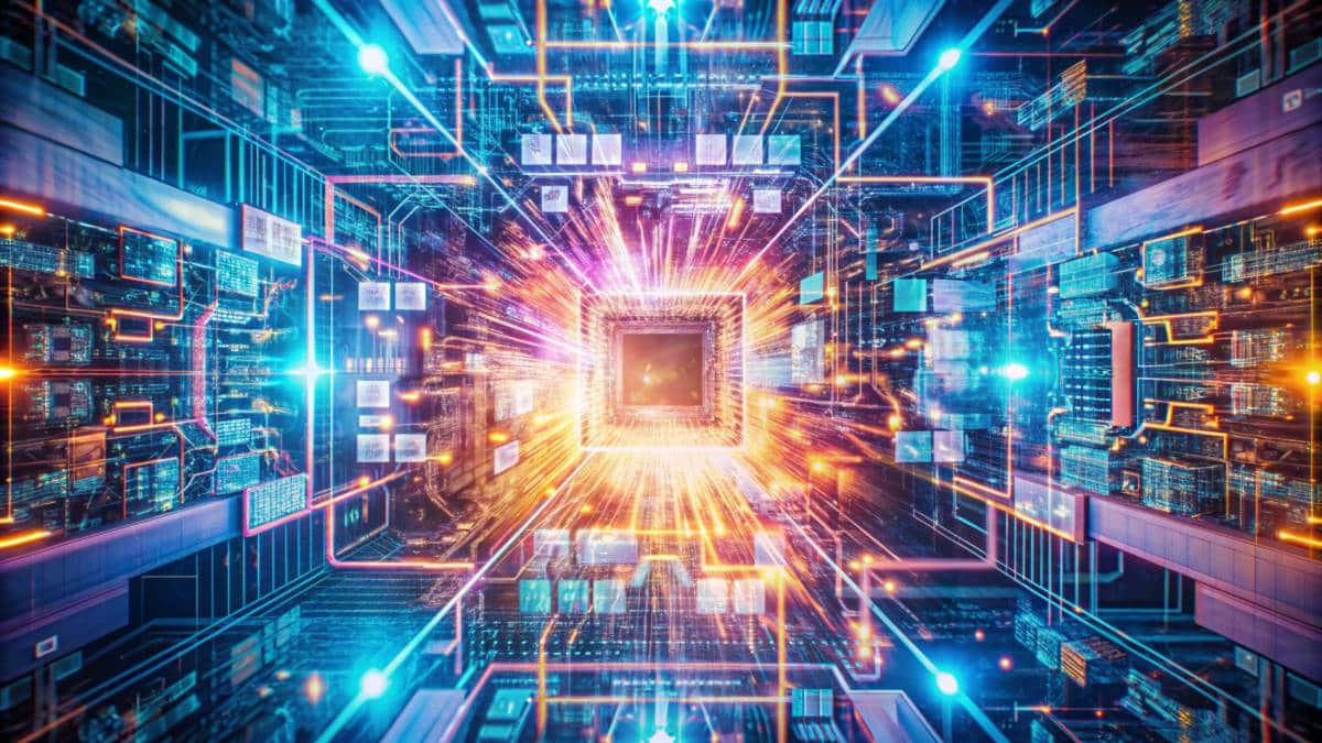 Abstract visualization of AI data processing and neural information flow inside a digital core.