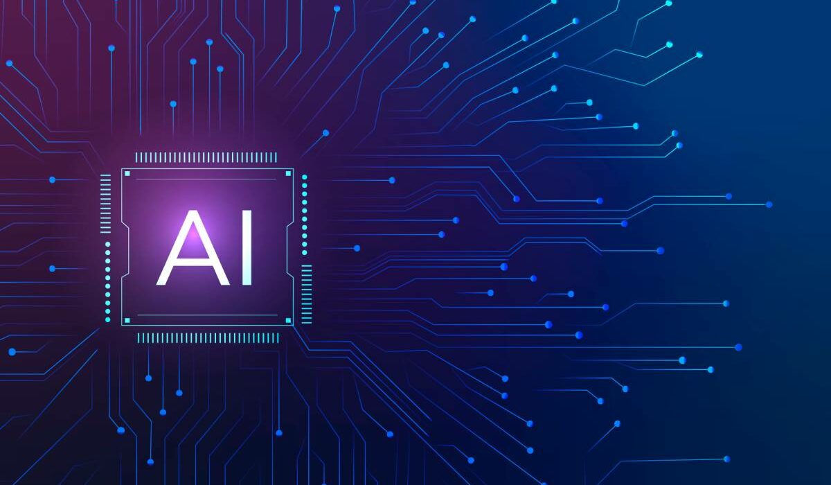 Artificial intelligence chip with digital data connections symbolizing Edge AI and local machine learning on devices.