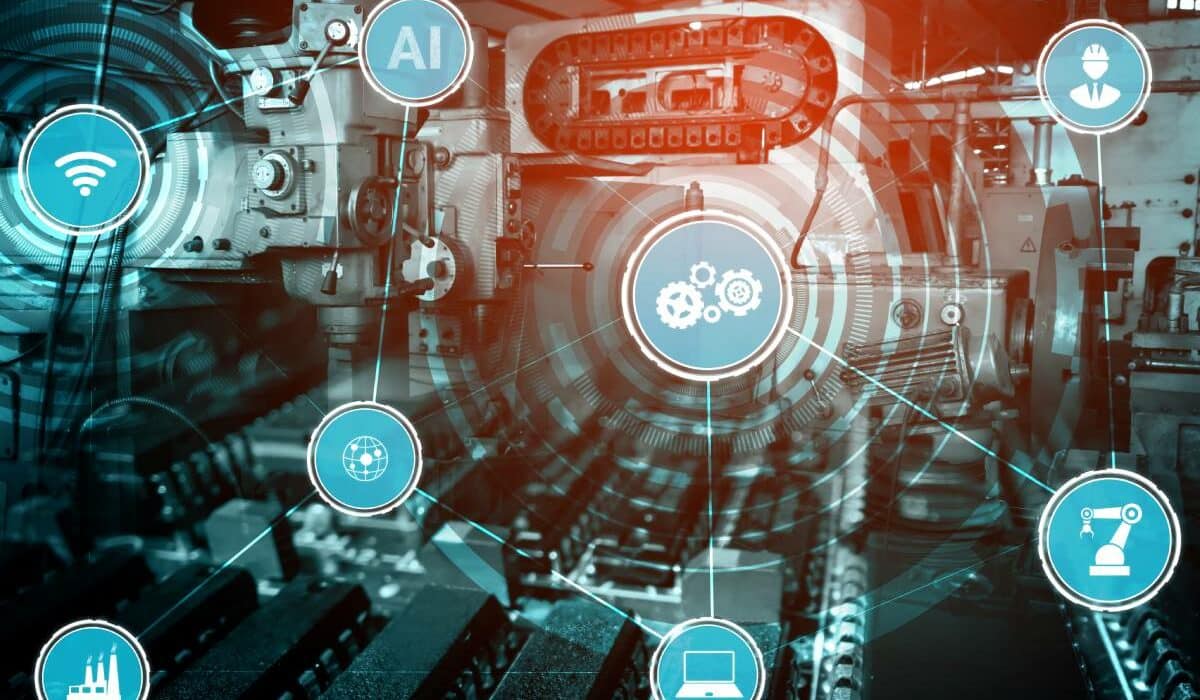 Industrial environment visualizing Agent-Based AI with connected autonomous systems, robotics, and digital automation network