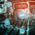 Industrial environment visualizing Agent-Based AI with connected autonomous systems, robotics, and digital automation network