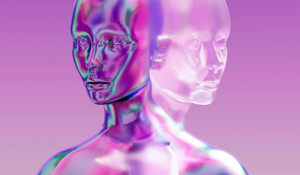 Abstract holographic representation of dual human figures symbolizing the fusion of synthetic data and digital twins in artificial intelligence.