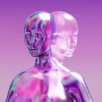 Abstract holographic representation of dual human figures symbolizing the fusion of synthetic data and digital twins in artificial intelligence.