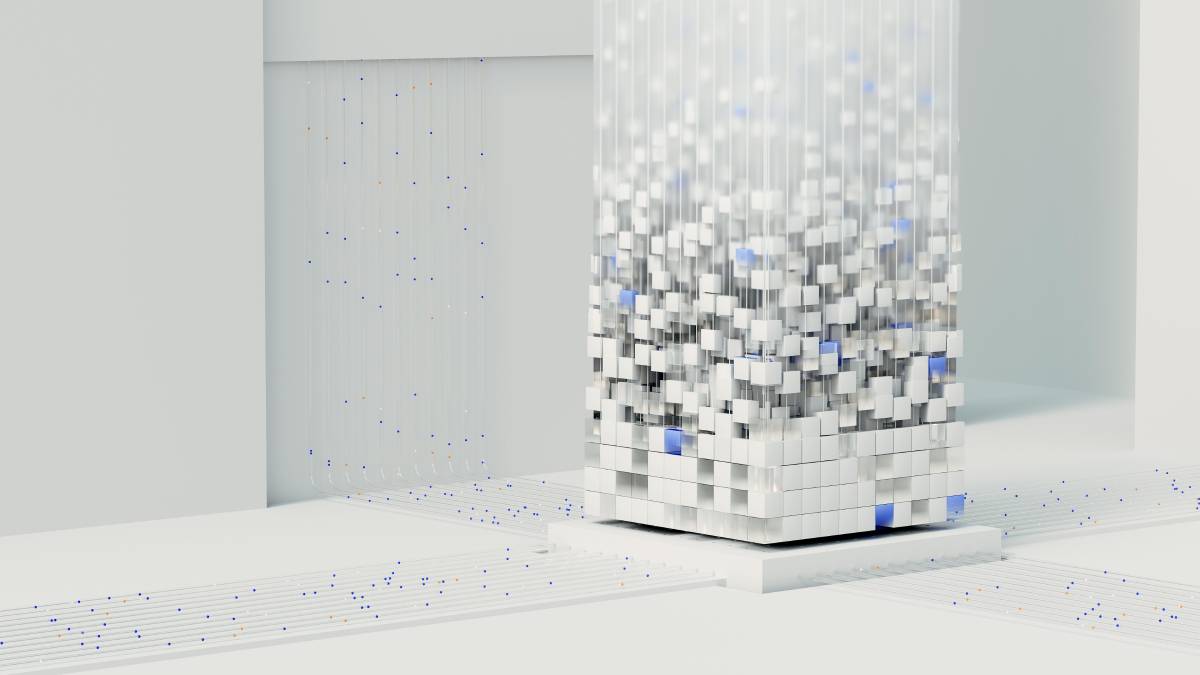 Abstract 3D visualization of data pipeline representing RAG 2.0 architecture and vector database integration for enterprise AI systems.
