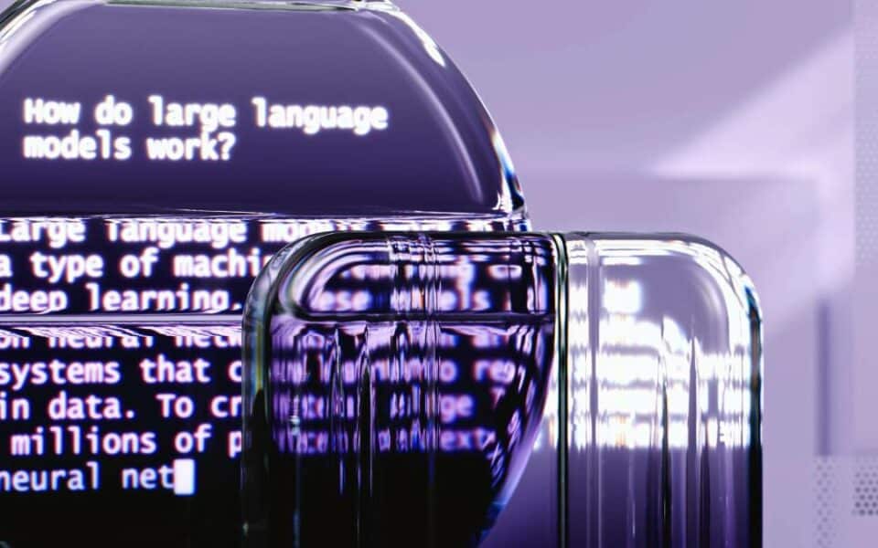 Abstrakcyjna wizualizacja dużych modeli językowych i danych AI – symbol analizy wydajności chatbotów opartych na sztucznej inteligencji.
